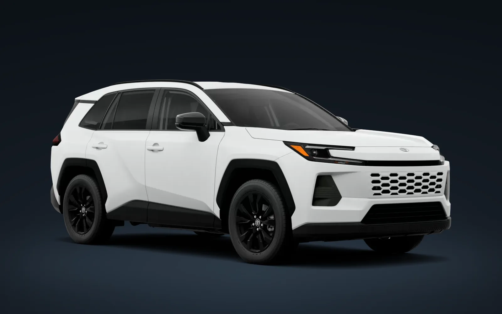 RAV4 XLE Premium 2026 blanca, vista tres cuartos frontal en estudio